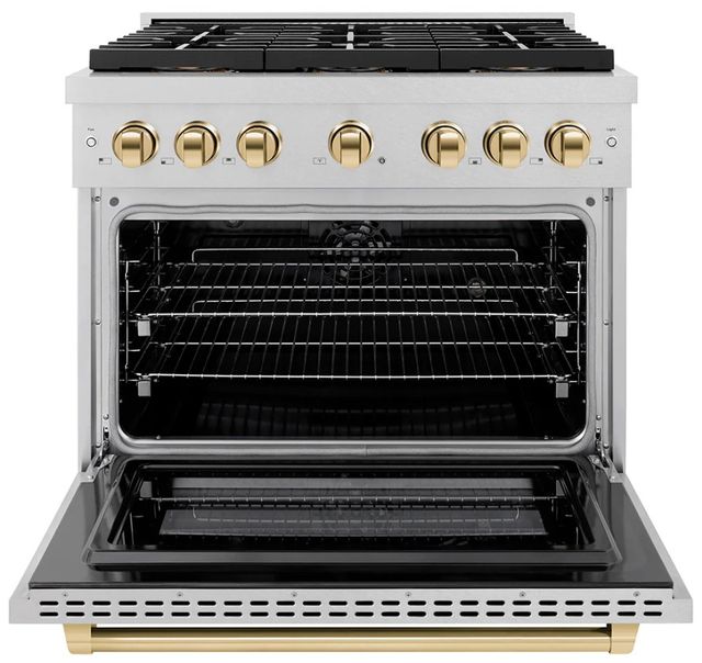 ZLINE Autograph Edition Paramount 36" 5.2 Cu. Ft. Satin Stainless Steel Dual Fuel Range with 6 Burner DuoPro™ Cooktop and Electric Convection Oven in Polished Gold Accents-3