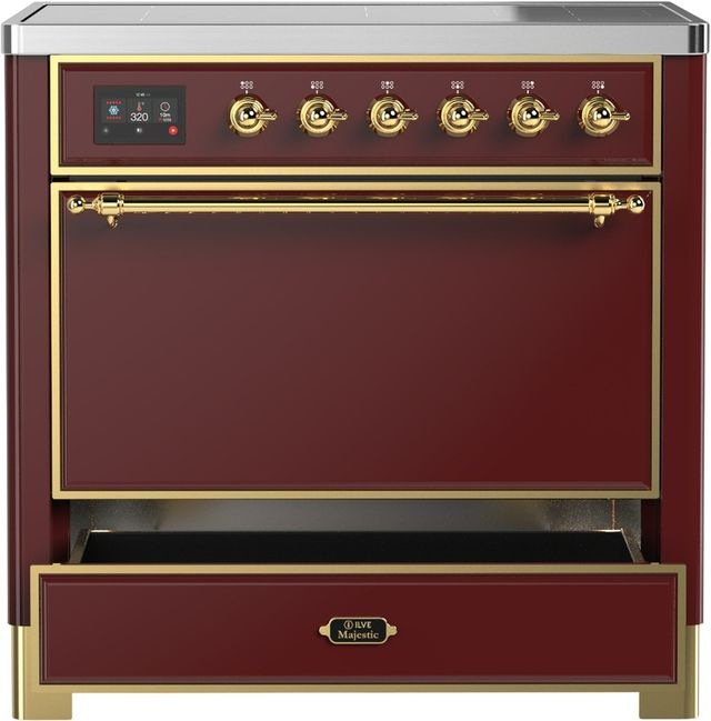Ilve® Majestic III 36" Burgundy Pro Style Induction Range with Solid Door and Brass Trim-3