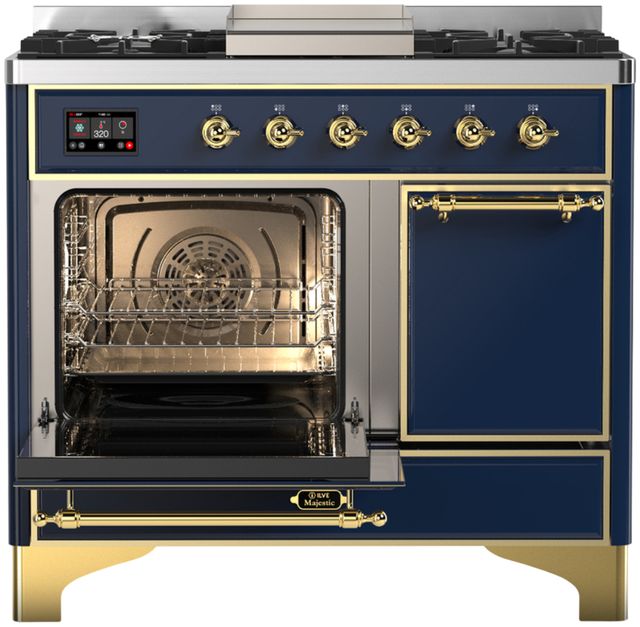 Ilve® Majestic III 40" Midnight Blue Pro Style Dual Fuel Natural Gas Range with Solid Door and Brass Trim-2