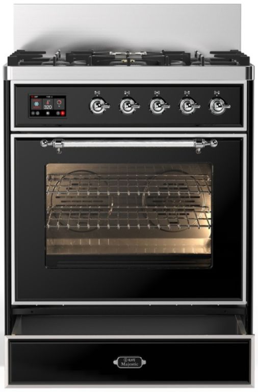 Ilve® Majestic III 30" Glossy Black Pro Style Dual Fuel Liquid Propane Range with Triple Glass Door and Chrome Trim-1
