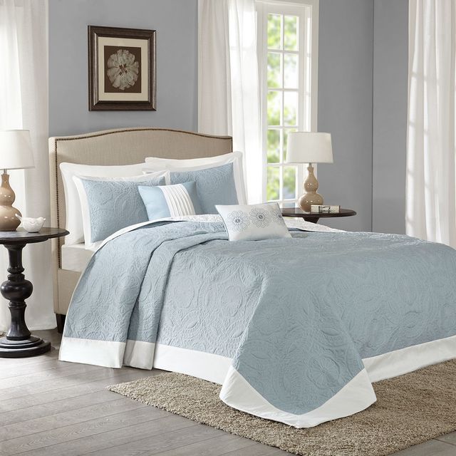 Olliix by Madison Park 5 Piece Blue Queen Ashbury Reversible Bedspread Set-0