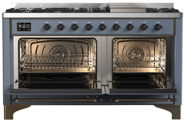 Ilve® Majestic III 60" Blue Gray Pro Style Dual Fuel Natural Gas Range with Triple Glass Door and Burnished Trim-1