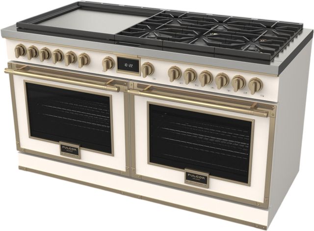 Fulgor Milano® Evoque 400 Series 60" Matte White Pro Style Dual Fuel Hybrid Range with Brushed Brass Trim -2