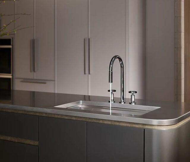 KOHLER® Billet® Vibrant Brushed Moderne Brass Touchless Kitchen Sink Faucet with 2-Function Sprayhead and Round Handles-3