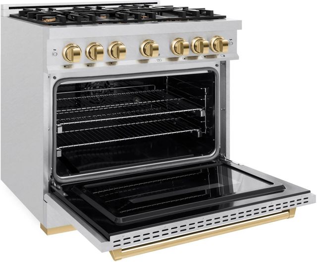 ZLINE Classic Autograph Edition 36" Satin Stainless Steel Pro Style Dual Fuel Range with Polished Gold Accents-3