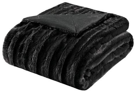 Olliix by Madison Park Duke Black 50x60" Polyester Solid Stripe Plaited Brushed Long Fur Knitted Throw-1