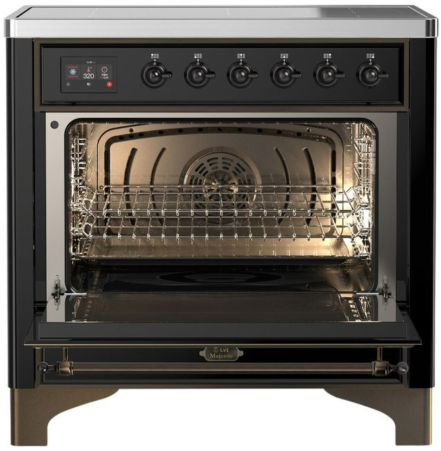 Ilve® Majestic III 36" Glossy Black Pro Style Induction Range with Solid Door and Burnished Trim-1