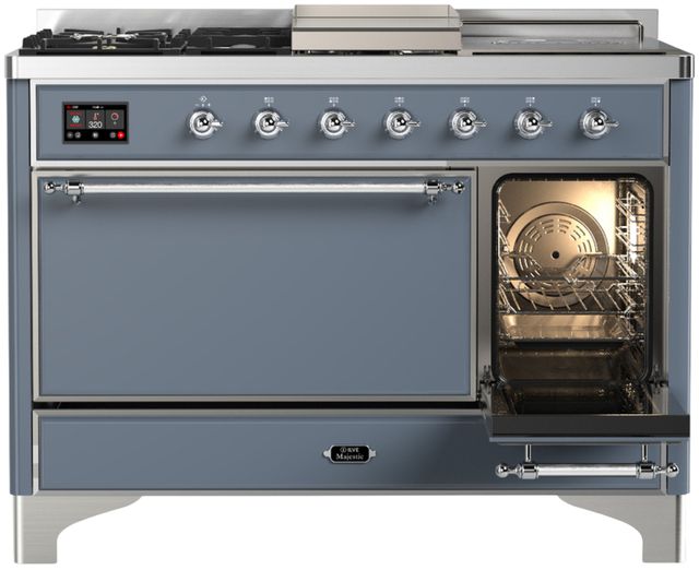 Ilve® Majestic III 48" Blue Gray Pro Style Dual Fuel Liquid Propane Range with 5 Black Brass Burners and Chrome Trim-3