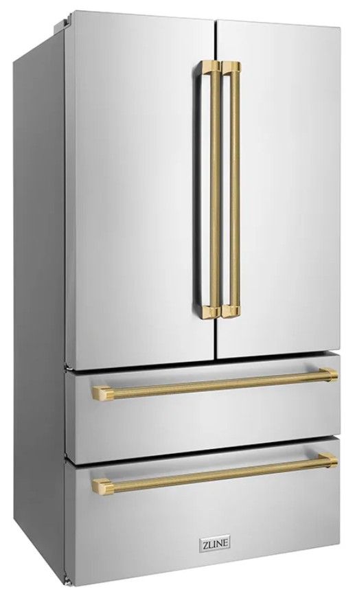 ZLINE Autograph Edition 36" 22.5 Cu. Ft. Fingerprint-Resistant Stainless Steel Counter Depth French Door Refrigerator with Ice Maker and Polished Gold Helix Handles-2