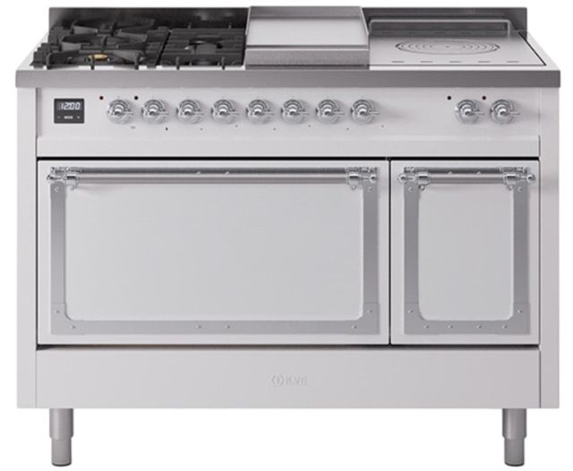 Ilve® Nostalgie II Noblesse 48'' White Pro Style Dual Fuel Range with Chrome Trim-0