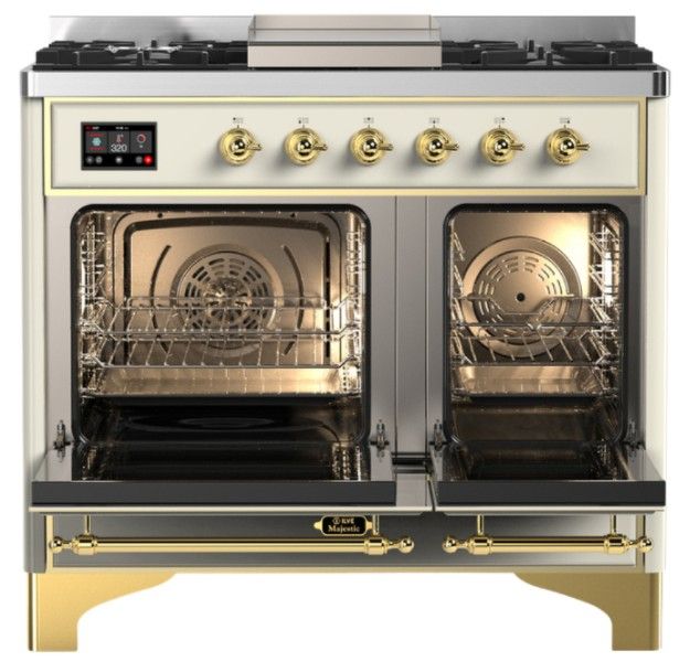 Ilve® Majestic III 40" Antique White Pro Style Dual Fuel Liquid Propane Range with Solid Door and Brass Trim-1