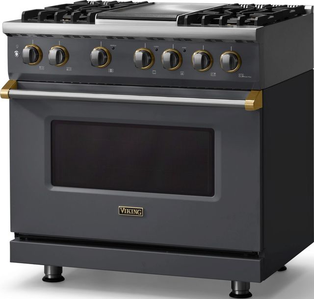 Viking® 5 Series 36" Cast Black Pro Style Dual Fuel (LP) Range with Brushed Brass Trim-3