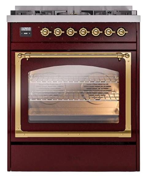 Ilve® Nostalgie II Noblesse 30" Burgundy Pro Style Dual Fuel Range with Brass Trim-1