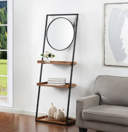 StyleCraft Natural Decorative Wall Shelf with Round Mirror-3