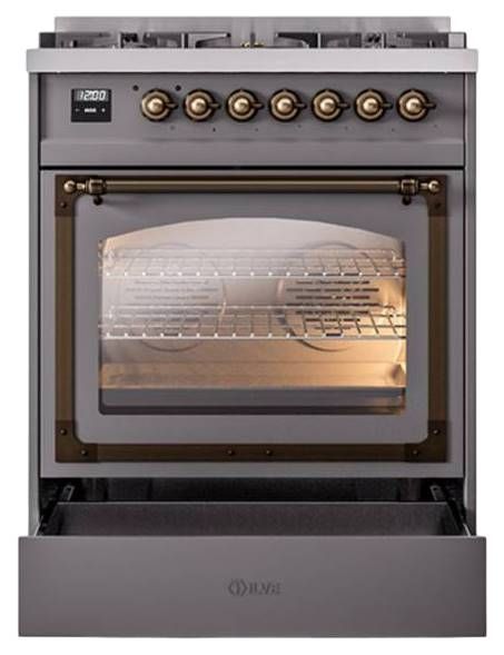 Ilve® Nostalgie II Noblesse 30" Graphite Matte Pro Style Dual Fuel Range with Burnished Trim-3