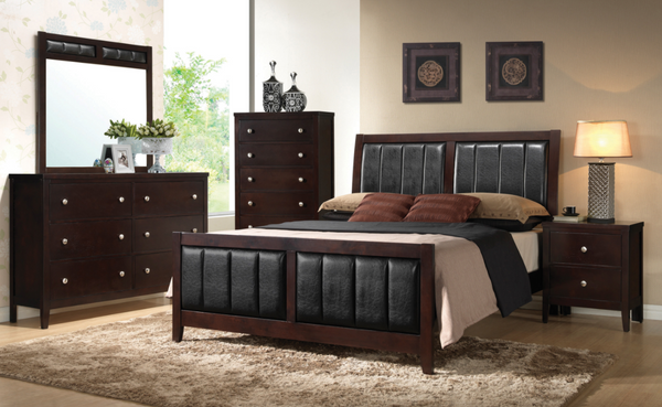 View of a transitional bedroom with the Coaster® Carlton 5-Piece Black/Cappuccino Full Upholstered Bedroom Set