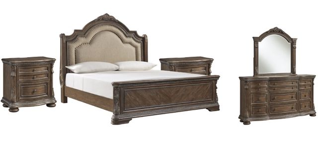 Signature Design by Ashley® Charmond 5-Piece Brown King Upholstered Sleigh Bed Set-0