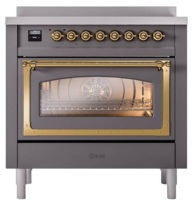 Ilve® Nostalgie II Noblesse 36'' Graphite Matte Pro Style Induction Range with Brass Trim-1