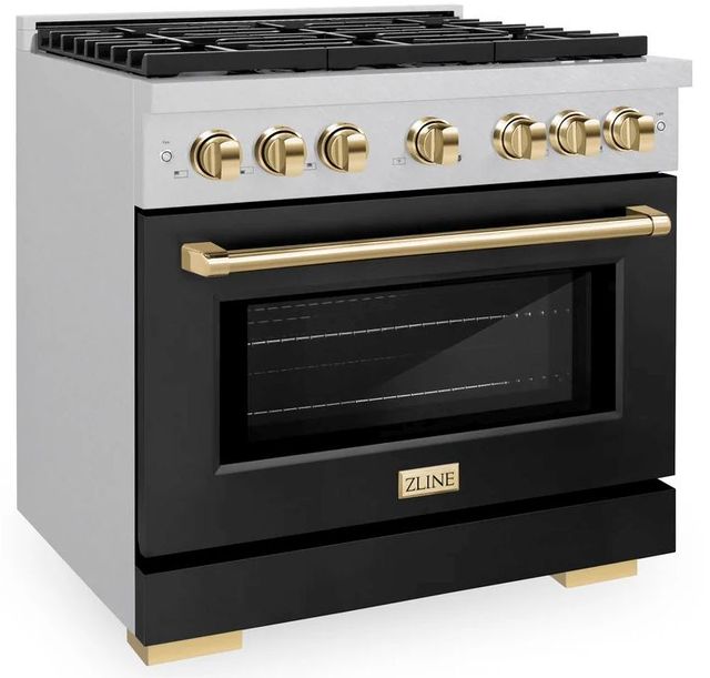 ZLINE Autograph Edition Paramount 36" Satin Stainless Steel Pro Style Dual Fuel Range with Black Matte Door and Polished Gold Accents-2