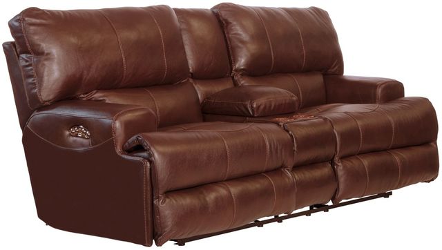 Catnapper® Wembley Walnut Leather Power Lay Flat Reclining Console Loveseat with Power Adjustable Headrest-0