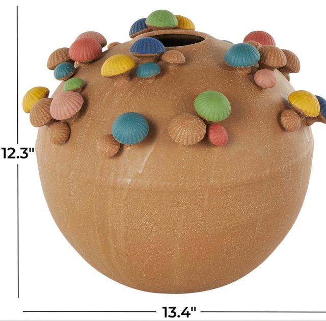 Deco Marche Brown 13" Round Wide Decorative Vase with Multicolor Accents and White Speckles-2