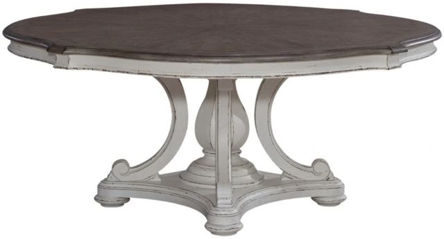 Liberty Furniture Magnolia Manor Weathered Bark Cloverleaf Dining Table with Antique White Base-0