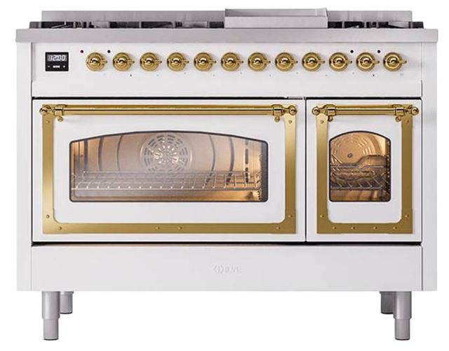 Ilve® Nostalgie II Noblesse 48'' Custom RAL Color Pro Style Dual Fuel Range with Brass Trim-1