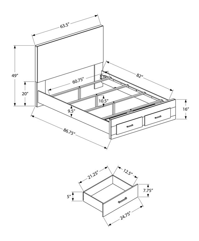 Monarch Specialties Inc. Bleached Oak Queen Panel Bed with 2 Drawers-2