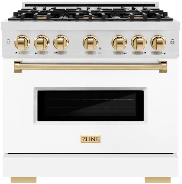 ZLINE Autograph Edition 36" Satin Stainless Steel Pro Style Dual Fuel Range with White Matte Door and Polished Gold Accents-0