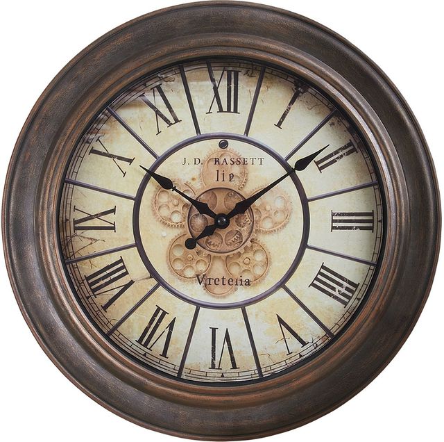 Monarch Specialties Inc. Antique Brown 15" Round Wall Clock with Roman Numerals on Beige Background-0