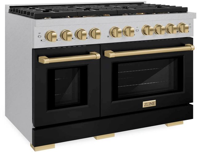 ZLINE Autograph Edition Paramount 48" Satin Stainless Steel Pro Style Dual Fuel Range with Black Matte Door and Champagne Bronze Accents-2