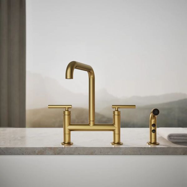 KOHLER® Purist® Vibrant Brushed Moderne Brass 2-Hole Bridge Kitchen Sink Faucet with Side Sprayer-3