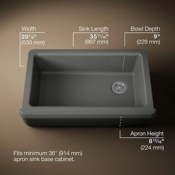 KOHLER® Riverby® Thunder Gray 36" Undermount Single-Bowl Farmhouse Workstation Kitchen Sink with Accessories-2