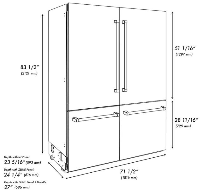 ZLINE Autograph Edition 72" 39.6 Cu. Ft. Black Stainless Steel French Door Built-In Bottom Freezer Refrigerator with Water Dispenser and Ice Maker in Graphite Gray Interior and Champagne Bronze Helix Handles-1