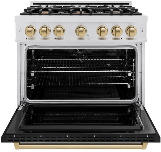 ZLINE Classic 36" Satin Stainless Steel Pro Style Dual Fuel Range with Black Matte Door and Champagne Bronze Accents-1