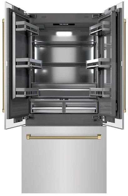 ZLINE Autograph Edition 36 " 19.6 Cu. Ft. Stainless Steel with Graphite Gray Interior and Polished Gold Helix Handles French Door Built-In Bottom Freezer Refrigerator with Water Dispenser and Ice Maker -2