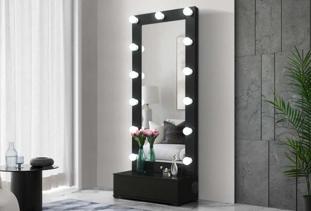 Global Furniture USA Ella Black Narrow Tall Mirror with Drawer and Speaker-1
