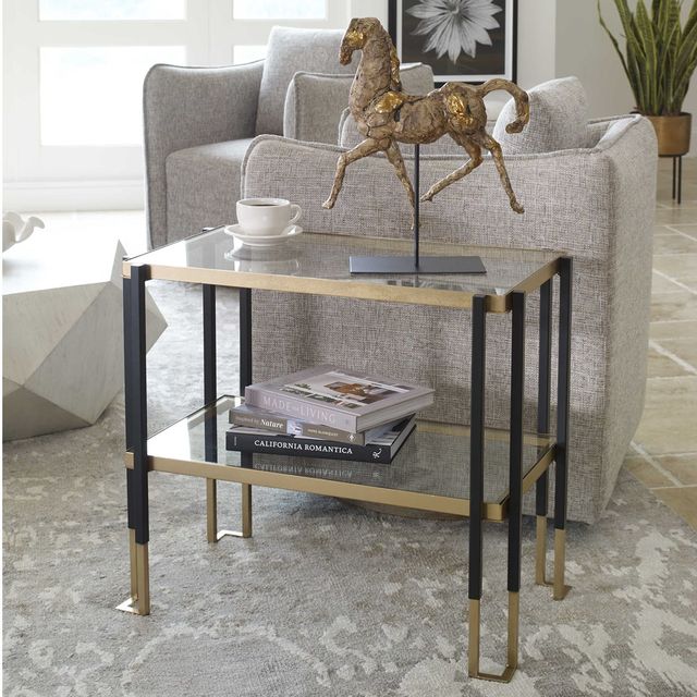 Uttermost® Kentmore Glass Top Glass Side Table with Brushed Gold and Matte Black Frame-1