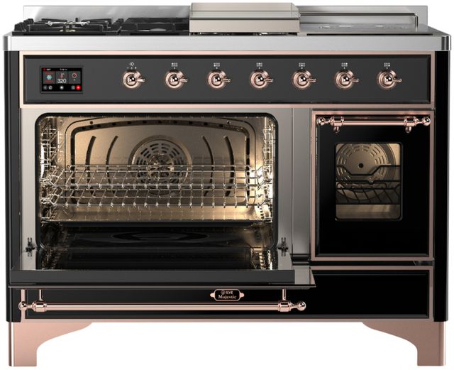 Ilve® Majestic III 48" Glossy Black Pro Style Dual Fuel Natural Gas Range with 5 Black Brass Burners and Copper Trim-2
