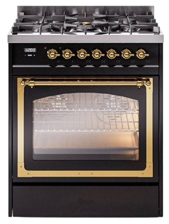 Ilve® Nostalgie II Noblesse 30" Glossy Black Pro Style Dual Fuel Range with Brass Trim-0