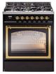 Ilve® Nostalgie II Noblesse 30" Glossy Black Pro Style Dual Fuel Range with Brass Trim-0