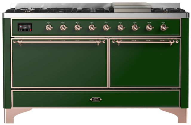 Ilve® Majestic III 60" Emerald Green Pro Style Dual Fuel Natural Gas Range with Solid Door and Copper Trim-0
