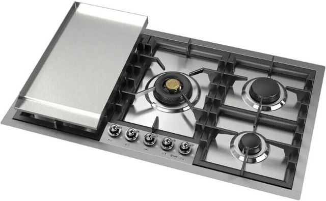 Ilve Nostalgie II 36” Stainless Steel Gas Cooktop with 5 Black Brass Burners and Griddle-2