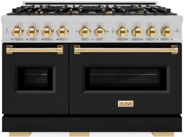 ZLINE Autograph Edition 48" Satin Stainless Steel Pro Style Double Oven Dual Fuel Range with Black Matte Doors and Polished Gold Accents-0
