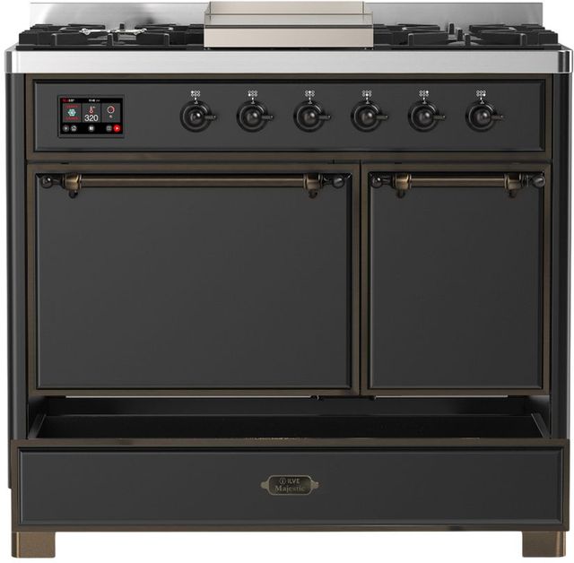 Ilve® Majestic III 40" Graphite Matte Pro Style Dual Fuel Natural Gas Range with Solid Door and Burnished Trim-1