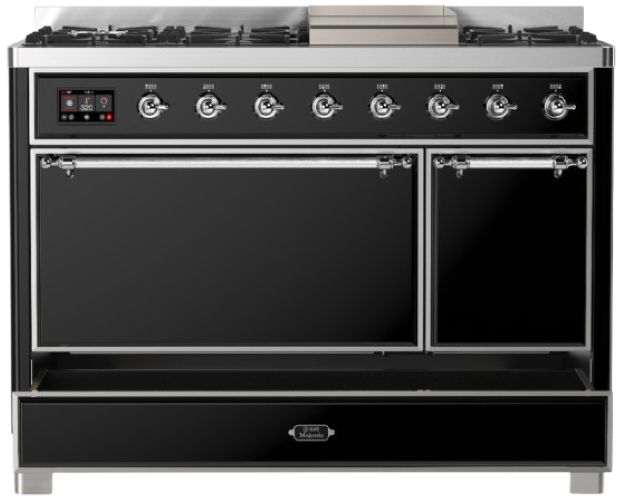 Ilve® Majestic III 48" Glossy Black Pro Style Dual Fuel Natural Gas Range with Solid Door and Chrome Trim-2