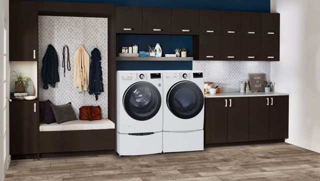 Front view of a modern laundry room with an LG washer and dryer