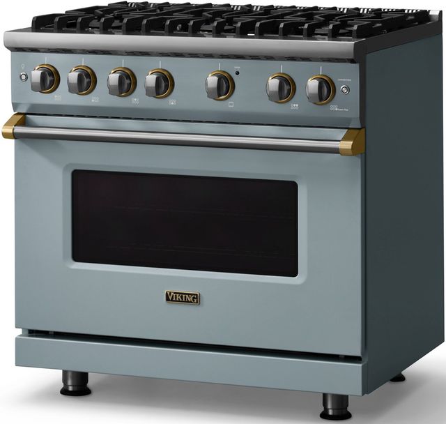 Viking® 5 Series 36" Novembery Sky Pro Style Gas (NG) Range with Brushed Brass Trim-2