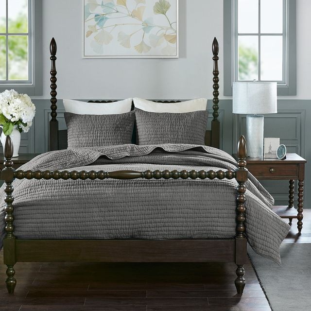 Olliix by Madison Park Signature Serene Grey King Cotton Hand Quilted Coverlet Set-1