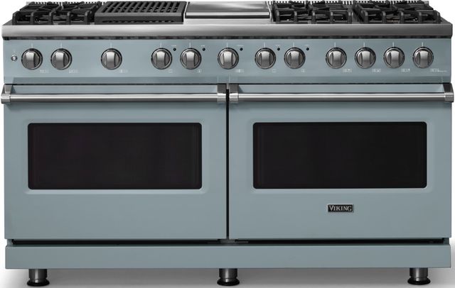 Viking® 5 Series 60" Novembery Sky Pro Style Dual Fuel (NG) Range with Polished Chrome Trim-0